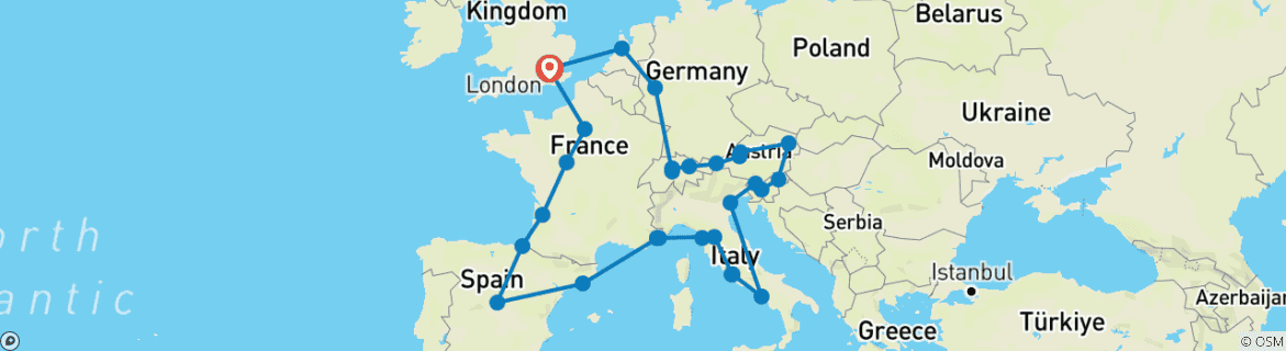 Image of a map showing the route of the tour