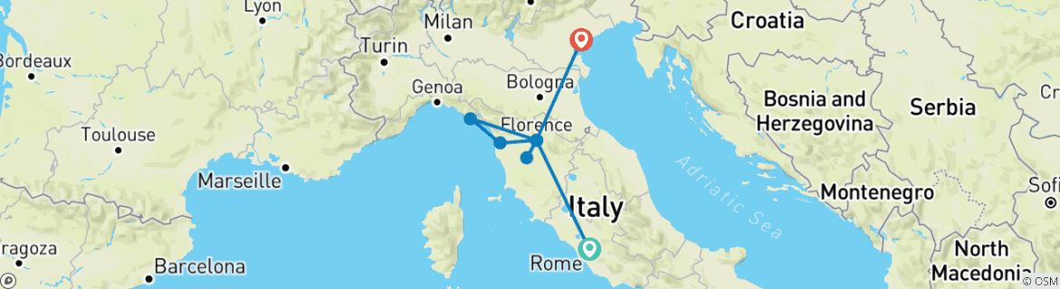 Image of a map showing the route of the tour
