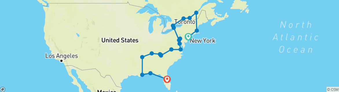 Mapa de El Este Americano y las Cataratas del Niágara - 19 días