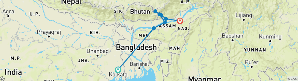 Image of a map showing the route of the tour