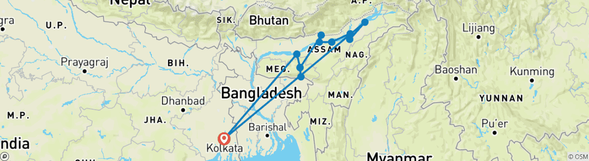 Image of a map showing the route of the tour