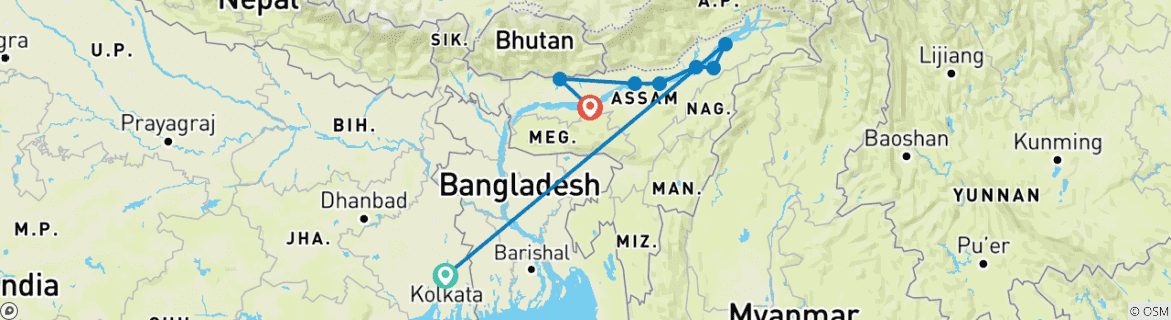 Image of a map showing the route of the tour