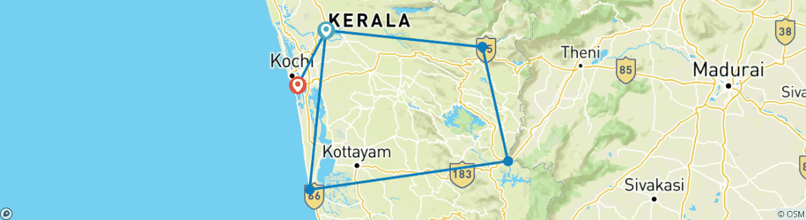 Image of a map showing the route of the tour