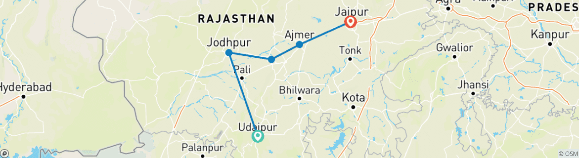 Image of a map showing the route of the tour