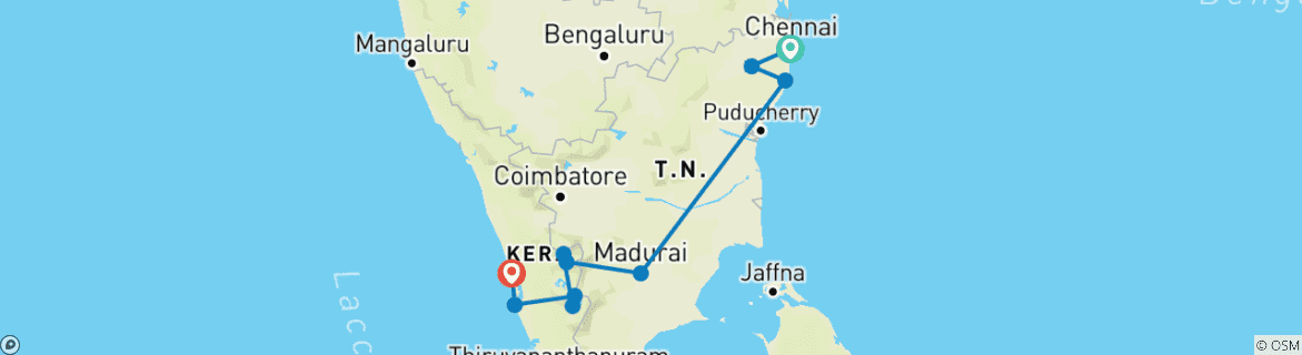 Image of a map showing the route of the tour