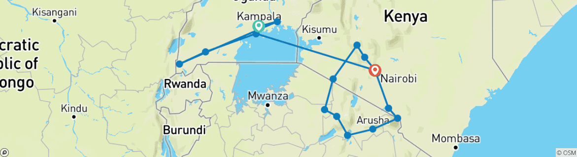 Image of a map showing the route of the tour