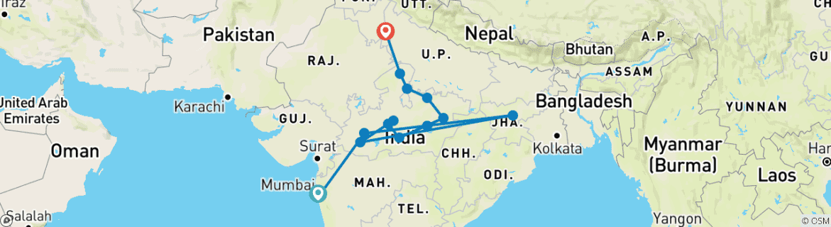 Carte du circuit Incroyable Inde, temples, tigres de Bandhavgarh et patrimoine intemporel