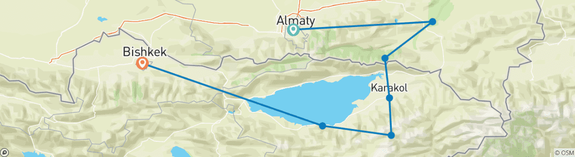Mapa de Viaje de Aventura de 8 Días / 7 Noches a Almaty y Kirguistán