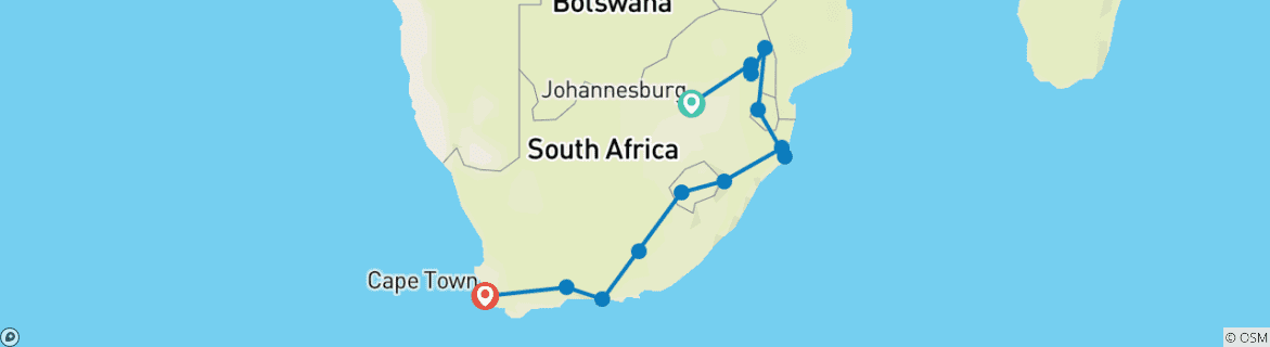 Mapa de Safari por el Mundo en 1 País (20 Días) - Johannesburgo, Kruger, Suazilandia, Drakensburg, Lesoto, Ruta Jardín y Ciudad del Cabo