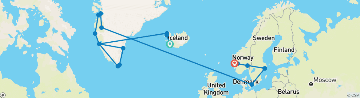 Image of a map showing the route of the tour