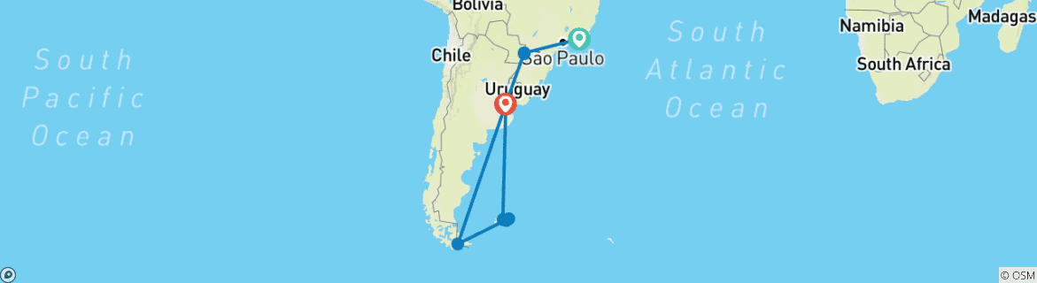 Image of a map showing the route of the tour
