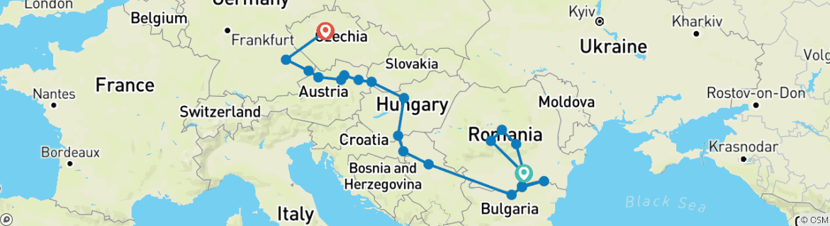 Carte du circuit Europe de l'Est et Balkans dévoilés & Joyaux du Danube avec Transylvanie & Prague 2027 - 23 Jours (from Bucarest to Prague)