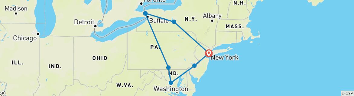 Kaart van Steden in het oosten van de VS, Niagara Falls & Gettysburg - 8 dagen