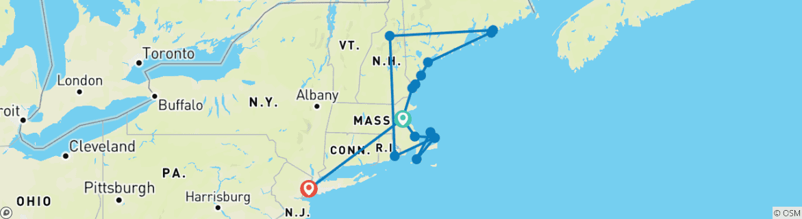 Mapa de Nueva Inglaterra, Montañas Blancas, Cape Cod y Nueva York - 12 días