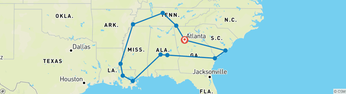 Mapa de Atlanta y el Sur de Estados Unidos - 14 días