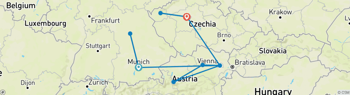 Kaart van 7 Dagen München, Wenen & Praag met de trein: Kastelen, cultuur en mooie uitstapjes