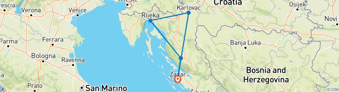 Kaart van Vanuit Zadar: 3-daagse rondreis door Centraal-Kroatië. Bezoek Senj, Rijeka en Ogulin. Pittoreske landschappen. Historische kastelen. Middeleeuwse bestemmingen en bestemmingen aan de kust. Volop geschiedenis en architectuur. Culturele fusie. Divers c…