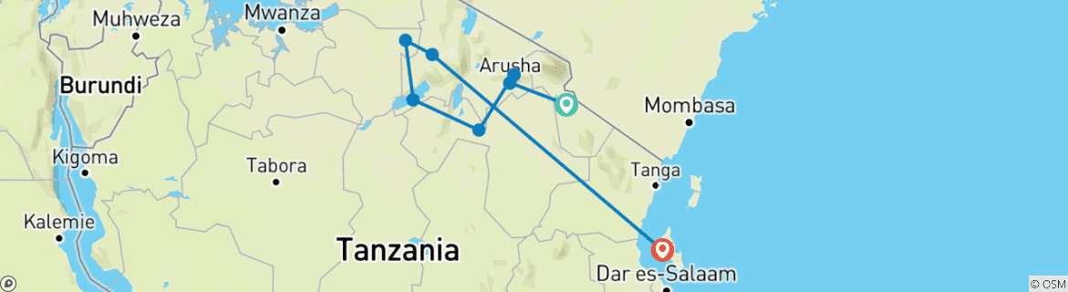 Carte du circuit 16 jours de safaris en Tanzanie et Zanzibar