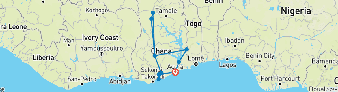 Image of a map showing the route of the tour