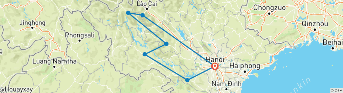 Image of a map showing the route of the tour
