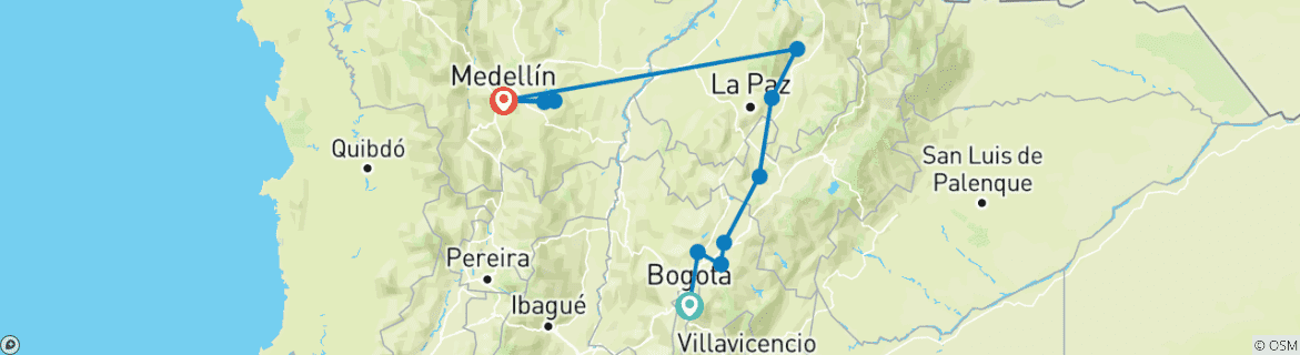 Kaart van Fietstocht door Colombia