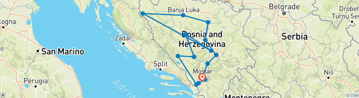 Image of a map showing the route of the tour