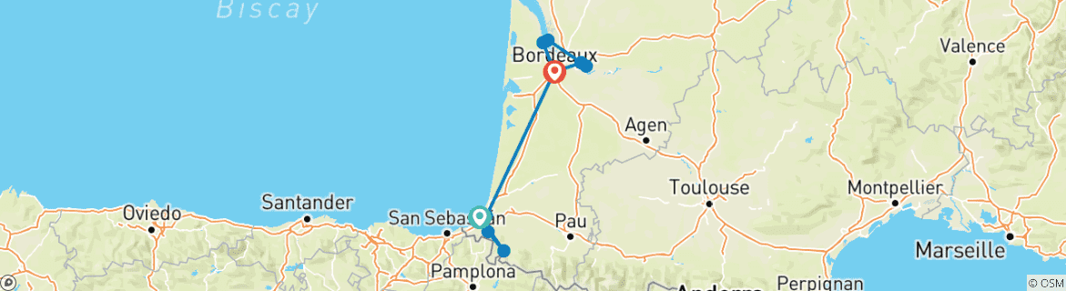 Image of a map showing the route of the tour