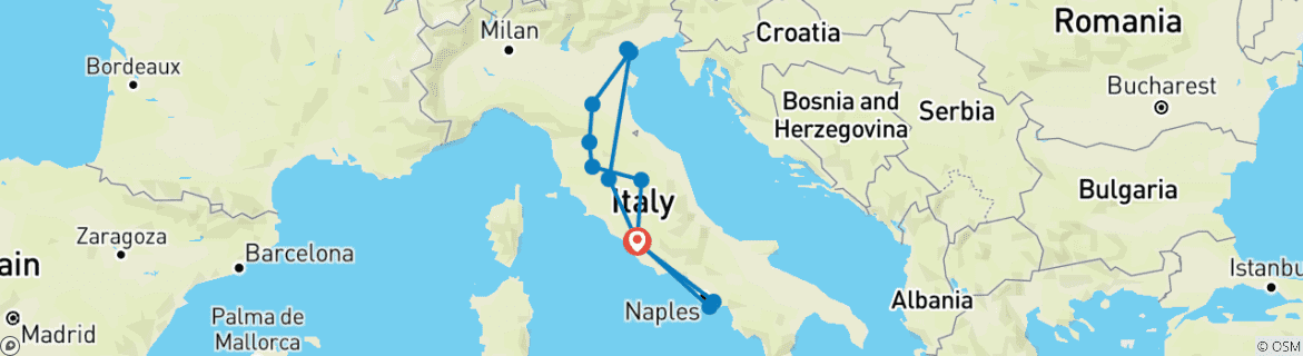 Image of a map showing the route of the tour