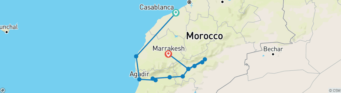 Carte du circuit Au départ de Casablanca : 14 jours d'aventure privée au Maroc : Montagnes, Souks, Kasbahs et Plages