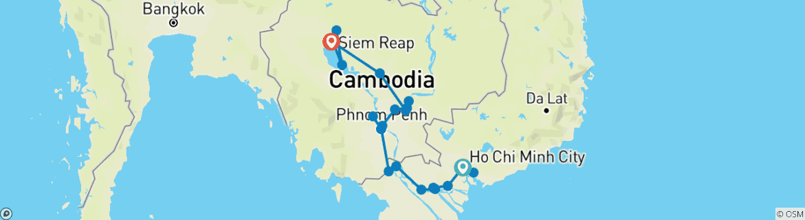 Image of a map showing the route of the tour