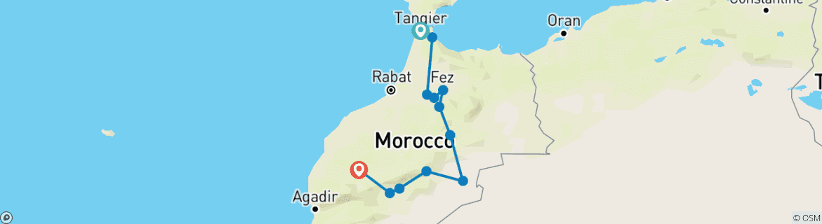 Image of a map showing the route of the tour