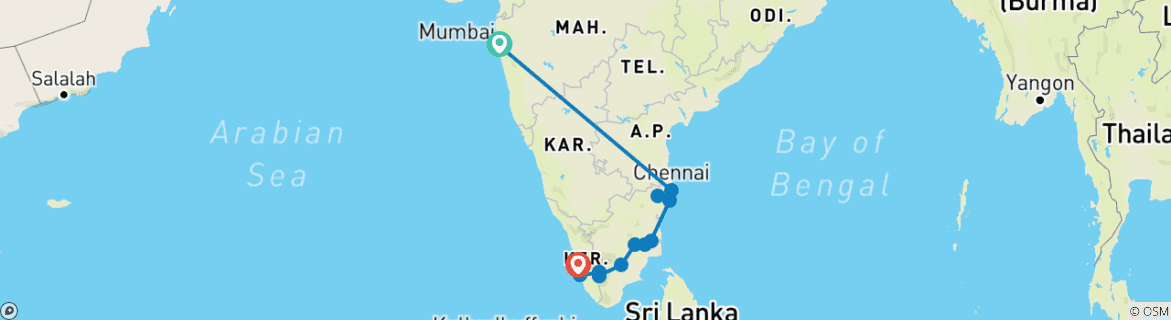 Image of a map showing the route of the tour