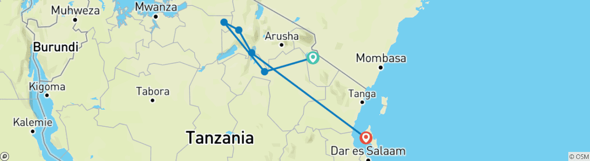 Image of a map showing the route of the tour