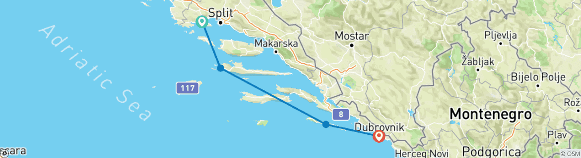 Image of a map showing the route of the tour