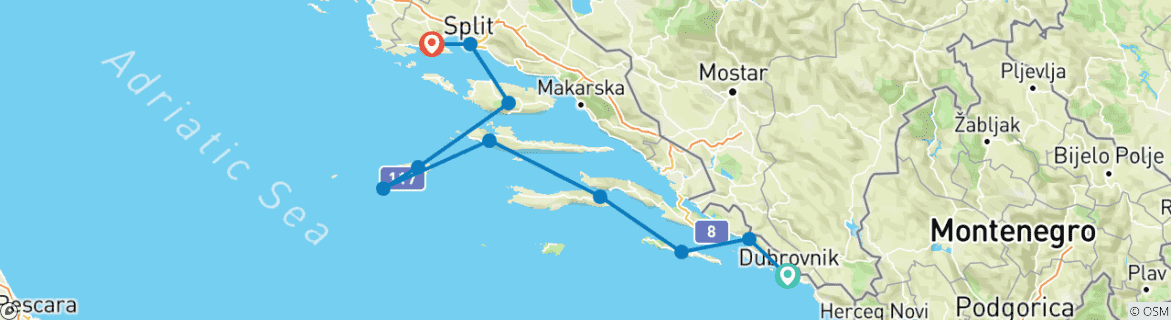 Image of a map showing the route of the tour