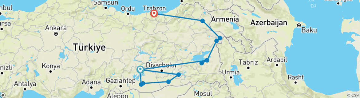 Image of a map showing the route of the tour