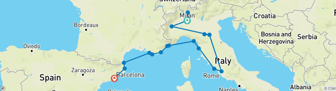 Image of a map showing the route of the tour