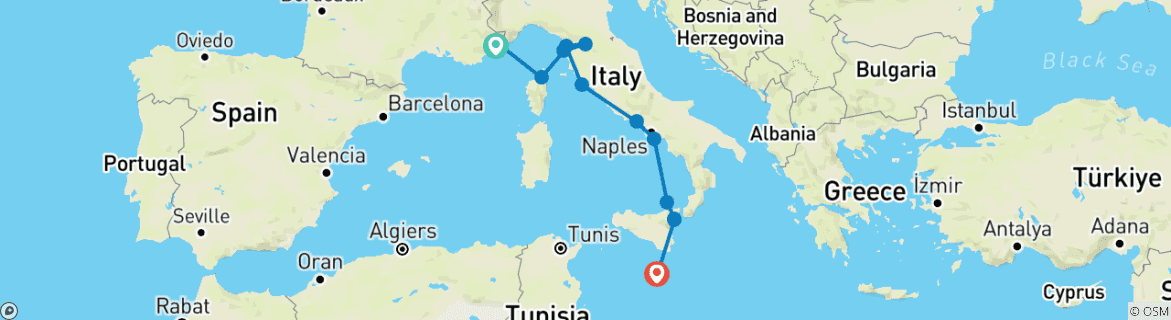 Image of a map showing the route of the tour