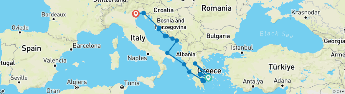 Image of a map showing the route of the tour
