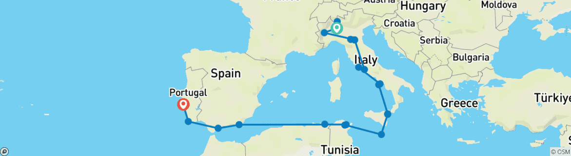 Image of a map showing the route of the tour