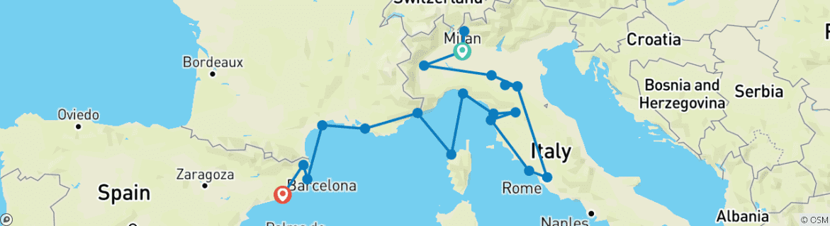 Image of a map showing the route of the tour