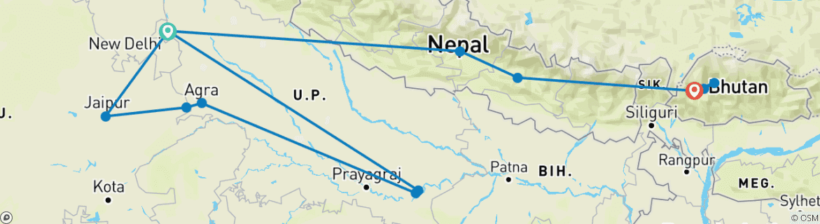 Image of a map showing the route of the tour