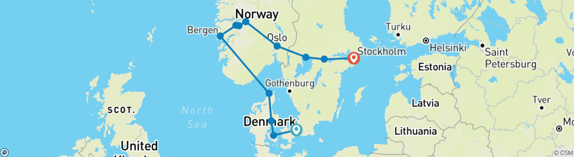 Image of a map showing the route of the tour