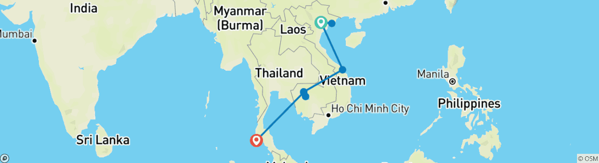 Karte von Vietnam, Kambodscha & Thailand Höhepunkte - 10 Tage