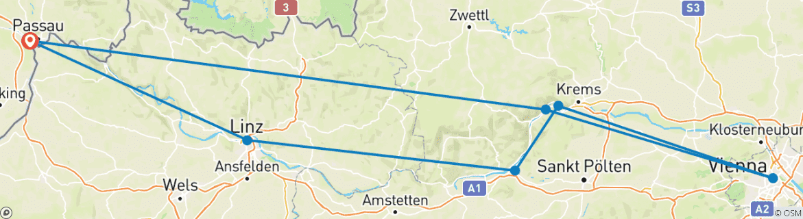 Image of a map showing the route of the tour