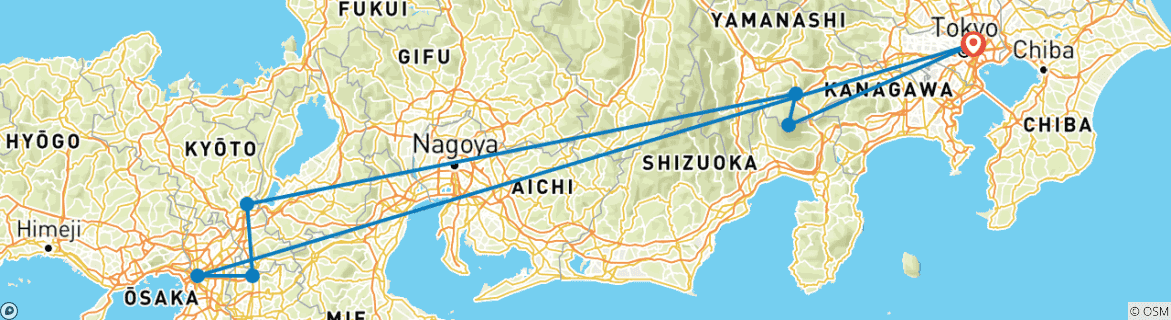 Image of a map showing the route of the tour