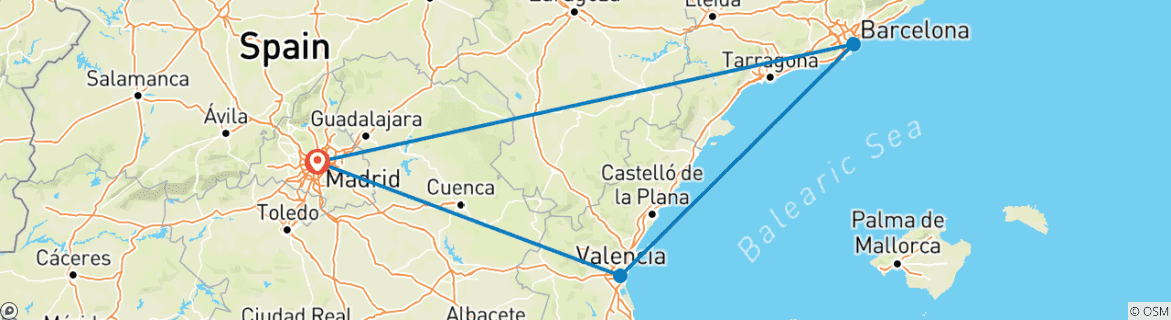 Image of a map showing the route of the tour