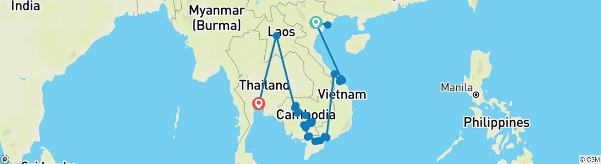 Mapa de Gran Indochina y Mekong de Lujo 2027 - 25 Días