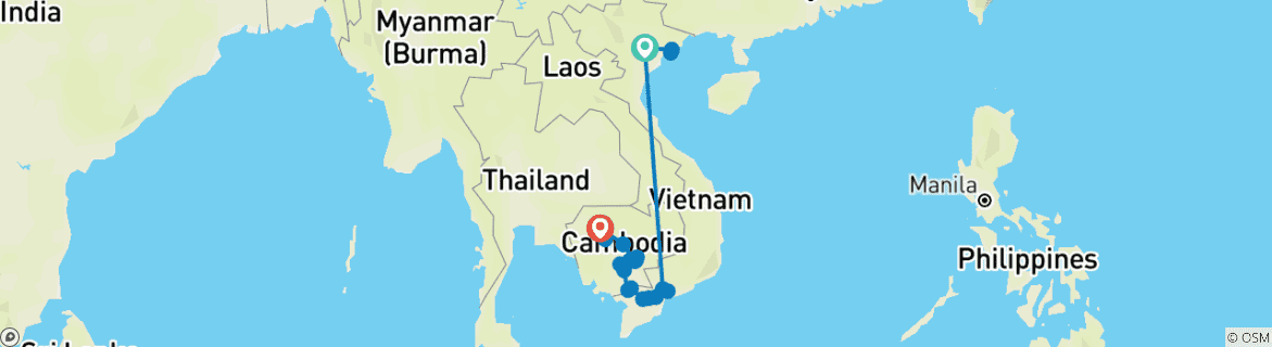 Image of a map showing the route of the tour