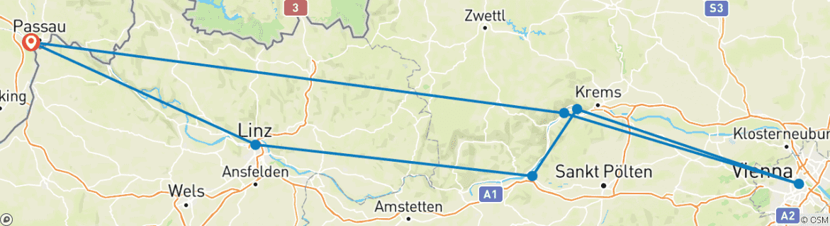 Image of a map showing the route of the tour